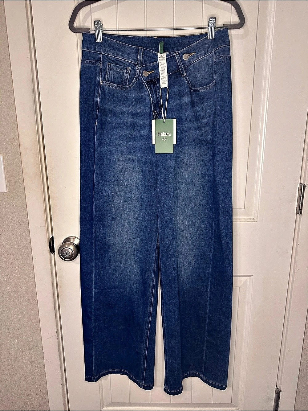 Halara Flex™ Asymmetric High Waisted Washed Casual Baggy Jeans w/ Pockets M Reg